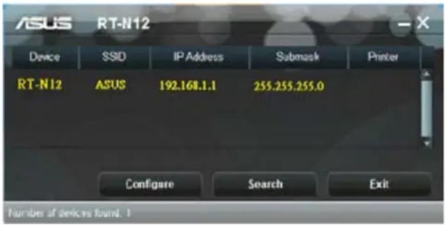 ASUS RT-N12 Device SSD IP Address Submask Printer RT-N12 ASUS 192.168.1.1 255.255.255.0 Configure Search Exit Number of devices found.