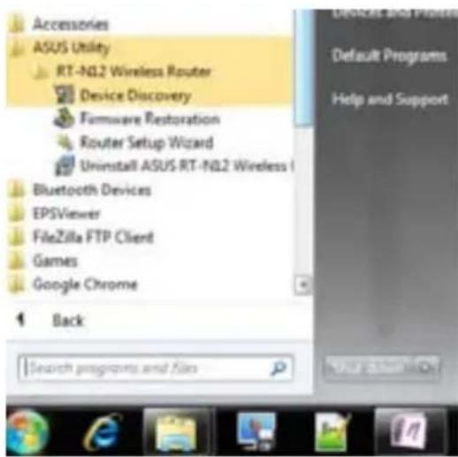 Accessories ASUS Utility RT-NL2 Wireless Router Device Discovery Firmware Restoration Router Setup Wizard Uninstall ASUS RT-NL2 Wireless I Bluetooth Devices EPSViewer FileZilla FTP Client Games Google Chrome Back Search programs and files