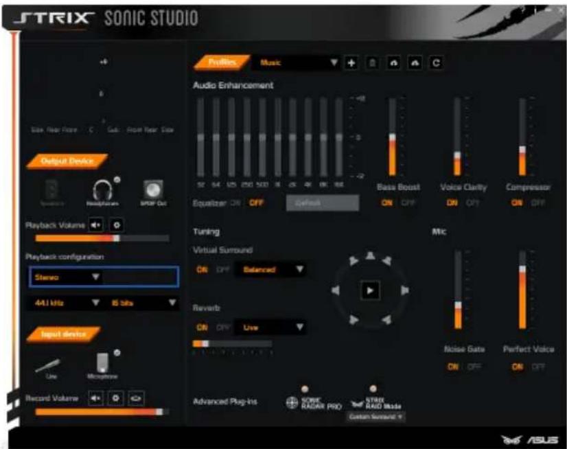 STRIX SONIC STUDIO Position Music Audio Enhancement S7 54 125 250 500 16 ON 49 ON 80 Bass Boost Voice Clarity Compressor Equalizer ON OFF Default ON OFF ON OFF ON OFF Tuning Virtual Surround ON OFF Balanced Mic Reverb ON OFF Live Noise Gate Perfect Voice ON OFF Advanced Plug-In SONE RADAR PRO TWF RA…
