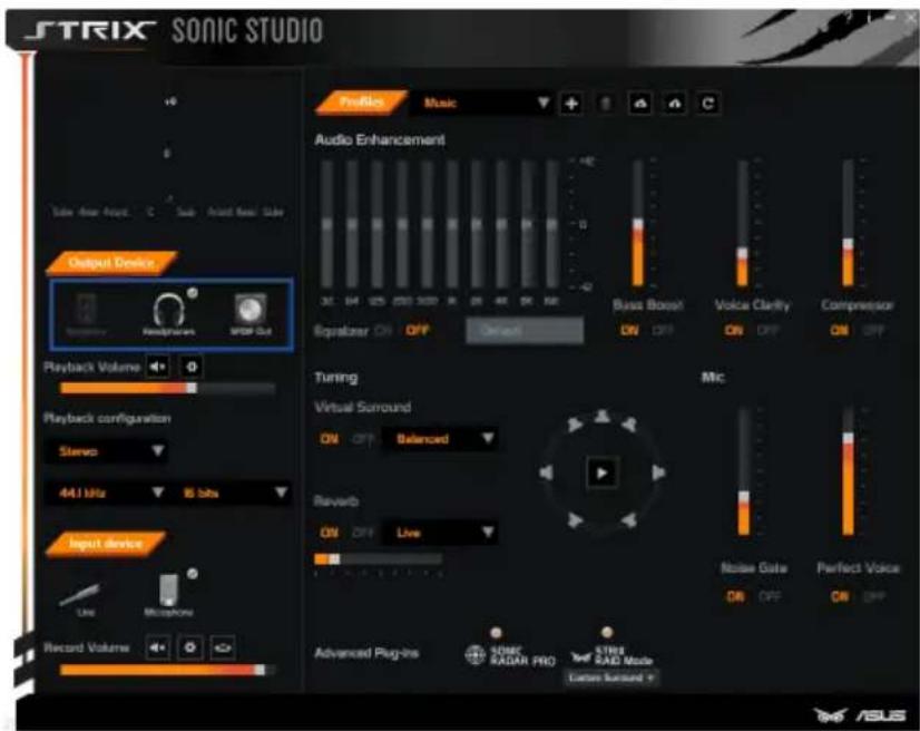 STRIX SONIC STUDIO Output Device Audio Enhancement Bass Boost Voice Clarity Compressor Reptainer ON OFF Select Playback Volume Playback configuration Stereo 44.1 kHz 80 bits Input device Line Microns Record Volume Tuning Virtual Surround ON OFF Balanced Reverb ON OFF Live Advanced Plug-ins SDRAM RAD…