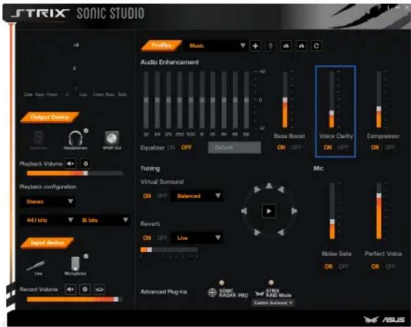 STRIX SONIC STUDIO Profile Music Audio Enhancement 32 14 25 200 500 X 26 48 88 164 Bass Boost Voice Clarity Compressor Equalizer ON OFF Default ON OFF ON Playback Volume Playback configuration Stereo 44.1 MHz 16 bits Tuning Virtual Surround ON OFF Balanced Reverb ON OFF Live Advanced Plug-in SOME RA…