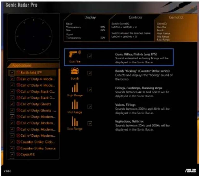 Sonic Radar Pro Display Controls GameEQ Radar Transparency 50% Size 24% Signal 30% Switch GameEQ LeftCtrl + LeftShift + V Switch between the seasoned Game LeftCtrl + LeftShift + Q Gun Fire Guns, Rifles, Pistols (any FPS) Sound estimated as living firings will be displayed in the Sonic Radar Bomb Bom…