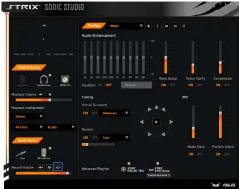 STRIX SONIC STUDIO Profile Music Audio Enhancement Base Boost Voice Clarify Compressor Equalizer ON OFF Default OFF OFF ON OFF ON OFF Tuning Virtual Surround ON OFF Balanced MIC Reverb ON OFF Live Noise Gate Perfect Voice OB OFF OR OFF Advanced Plug-in SONIC RADAR PRO TRI3 RAD Mode Custom Surround Y…