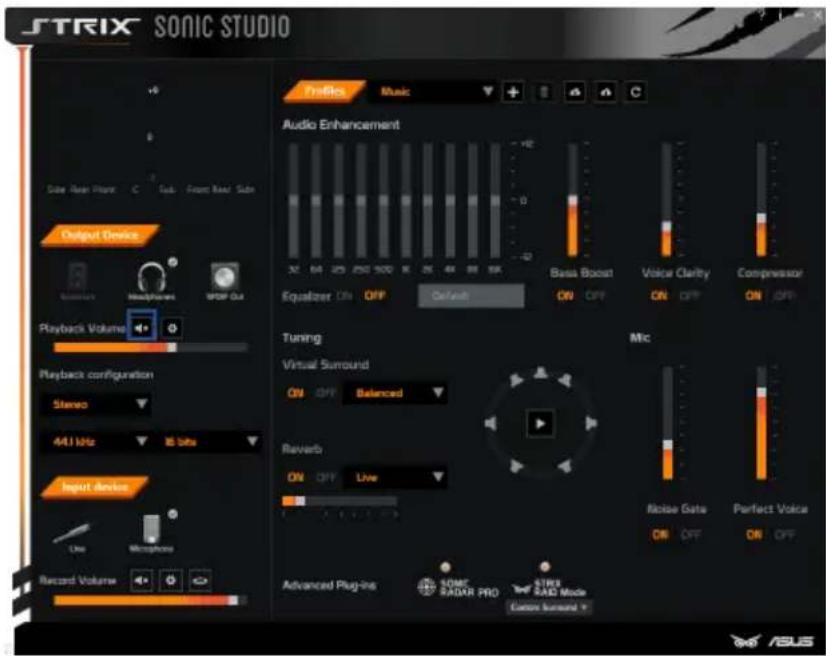 STRIX SONIC STUDIO Output Devices Audio Enhancement Base Boost Voice Clarity Compressor Equalizer ON OFF Default Tuning Virtual Surround Balanced Reverb ON OFF Live Advanced Plug-in SOME RADAR PRO TRI RAD Mode Custom Sound ON OFF Noise Gate Perfect Voice ON OFF ON OFF ON OFF ON OFF ON OFF ON OFF ON…