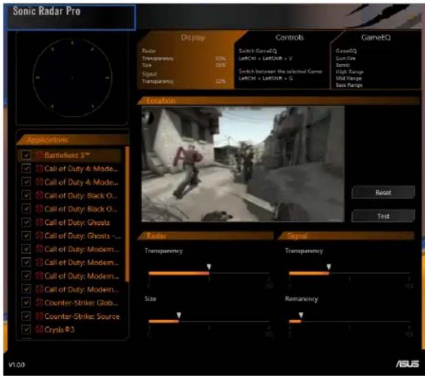 Sonic Radar Pro - Display, Controls, GameEQ, Radar. Transparency 00%, Size 04%, Signal 12%. Transparency. Switch GameEQ: LeftCast + LeftShift + V. Switch between the selected Game: LeftCast + LeftShift + G. GameEQ: Gun Fire, Bemble, High Range, Mid Range, Base Range. Location, Reset, Test. Applicati…