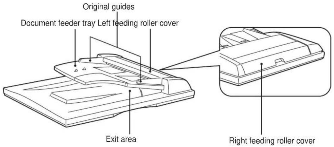 Original guides Document feeder tray Left feeding roller cover Exit area Right feeding roller cover