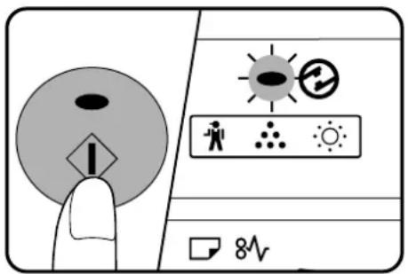 Diagram showing a hand pressing a warning symbol on a device screen with icons for sun, lightning, person, and solar.
