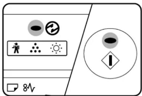Diagram showing a device with icons for lighting, radiation, and warning symbols, alongside a circular warning symbol with an 'I' and '8V' label.