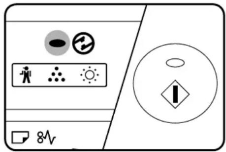 Diagram showing a device with icons for visibility, radiation, and warning symbol alongside a 8V power indicator.