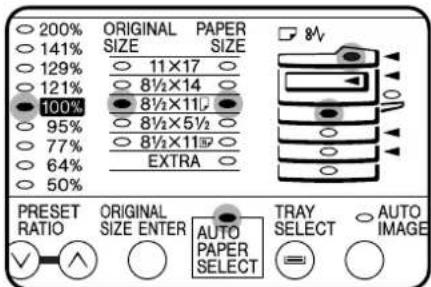200% ORIGINAL PAPER 141% SIZE SIZE 129% 11×17 121% 8½×14 100% 8½×11# 95% 8½×5½ 77% 8½×11# 64% EXTRA 50% PRESET RATIO ORIGINAL AUTO TRAY O AUTO SIZE ENTER PAPER SELECT IMAGE ✓ ▲ ○ ○ ○ ○