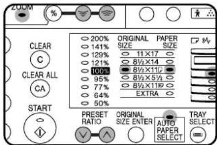 ZOOM % CLEAR C CLEAR ALL CA START 200% ORIGINAL PAPER 141% SIZE SIZE 129% 11×17 121% 8½×14 100% 8½×11½ 95% 8½×5½ 77% 8½×11½ 64% EXTRA 50% PRESET RATIO ORIGINAL AUTO TRAY SIZE ENTER PAPER SELECT AUTO SELECT
