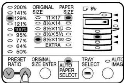 200% ORIGINAL PAPER SIZE SIZE 141% 129% 11×17 121% 8½×14 100% 8½×11½ 95% 8½×5½ 77% 8½×11½ 64% EXTRA 50% PRESET RATIO ORIGINAL AUTO TRAY AUTO SIZE ENTER PAPER SELECT IMAGI