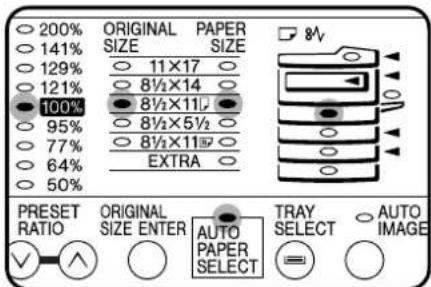 200% ORIGINAL PAPER 141% SIZE SIZE 129% 11×17 121% 8½×14 100% 8½×11½ 95% 8½×5½ 77% 8½×11½ 64% EXTRA 50% PRESET RATIO ORIGINAL AUTO TRAY AUTO SIZE ENTER PAPER SELECT IMAGE ✓ ∧ ○ ○ ○ ○