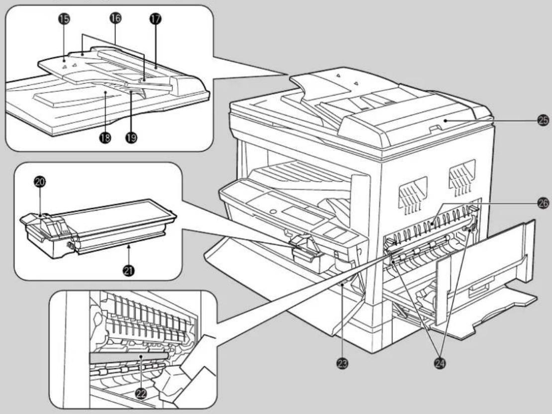 Technical diagram of a printer with numbered parts for identification and assembly reference.