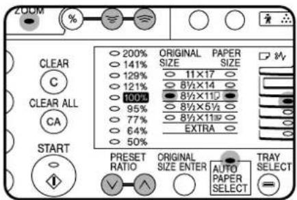 ZOOM % 200% ORIGINAL PAPER 141% SIZE SIZE 129% 11×17 121% 8½×14 100% 8½×110 95% 8½×5½ 77% 8½×11# 64% EXTRA 50% START PRESET RATIO ORIGINAL AUTO TRAY SIZE ENTER PAPER SELECT C CLEAR ALL CA