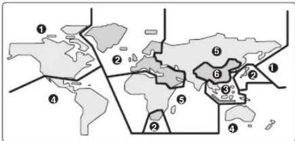 World map with numbered regions and labeled areas, likely illustrating geographic distribution or classification.