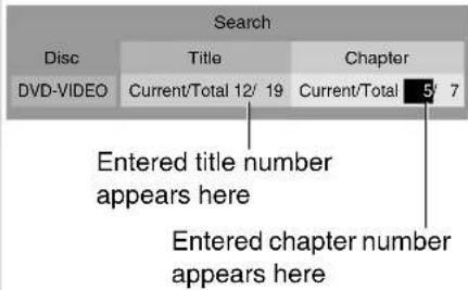 Search Disc Title Chapter DVD-VIDEO Current/Total 12/ 19 Current/Total 5/ 7 Entered title number appears here Entered chapter number appears here