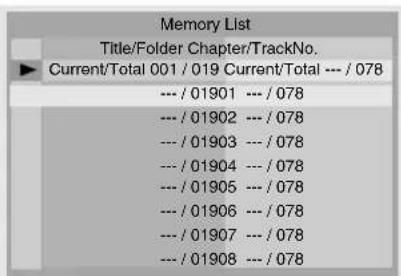 Memory List Title/Folder Chapter/TrackNo. Current/Total 001 / 019 Current/Total --- / 078 --- / 01901 --- / 078 --- / 01902 --- / 078 --- / 01903 --- / 078 --- / 01904 --- / 078 --- / 01905 --- / 078 --- / 01906 --- / 078 --- / 01907 --- / 078 --- / 01908 --- / 078