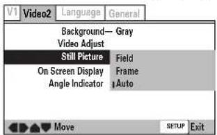 V1 Video2 Language General Background—Gray Video Adjust Still Picture Field On Screen Display Frame Angle Indicator Auto Move SETUP Exit