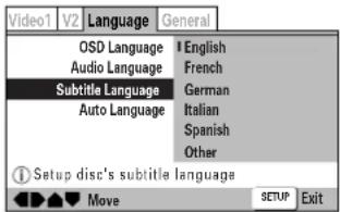 Video1 V2 Language General OSD Language English Audio Language French Subtitle Language German Auto Language Italian Spanish Other Setup disc's subtitle language Move SETUP Exit