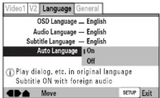 Video1 V2 Language General OSD Language — English Audio Language — English Subtitle Language — English Auto Language On Off Play dialog, etc. in original language Subtitle ON with foreign audio Move SETUP Exit