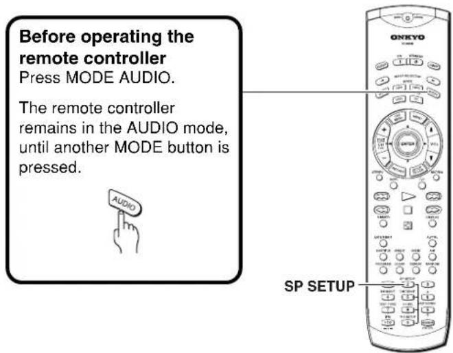 Before operating the remote controller Press MODE AUDIO. The remote controller remains in the AUDIO mode, until another MODE button is pressed. AUDIO SP SETUP