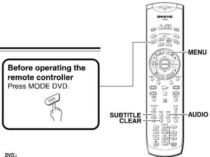 Before operating the remote controller Press MODE DVD. DVD MENU SUBTITLE CLEAR AUDIO DVD2