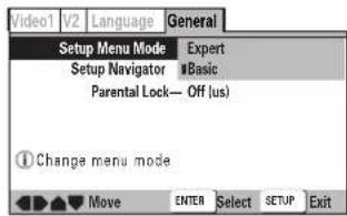 Setup Menu Mode Expert Setup Navigator Basic Parental Lock— Off (us) ① Change menu mode