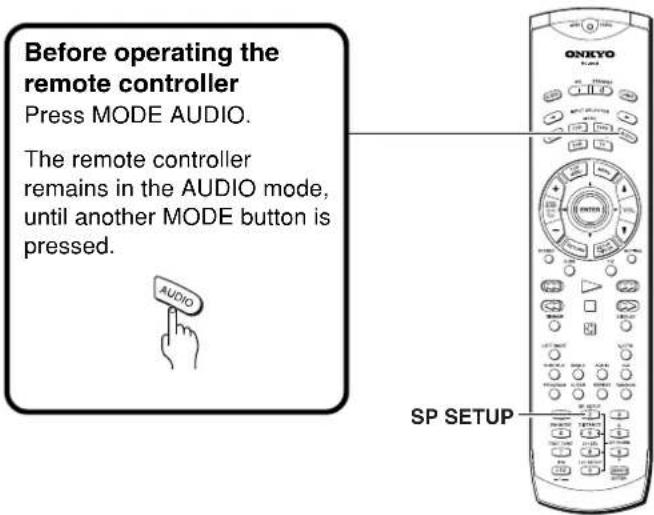 Before operating the remote controller Press MODE AUDIO. The remote controller remains in the AUDIO mode, until another MODE button is pressed. AUDIO SP SETUP