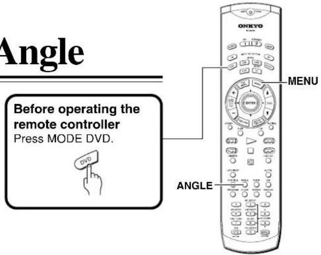 Angle Before operating the remote controller Press MODE DVD. ONKYO MENU ANGLE