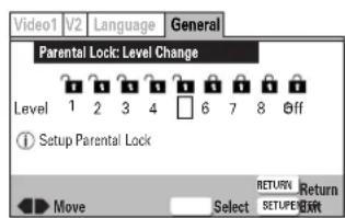 Video1 V2 Language General Parental Lock: Level Change Level 1 2 3 4 6 7 8 Off ① Setup Parental Lock Move Select RETURN Return SETUPEN Exit
