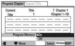Program Chapter Program Title Current: Title 7 Chapter 1 Title 1 (Chapter 1-18) Program Memory IDn Off Move Select PROGRAM Enter
