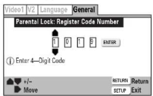 Video1 V2 Language General Parental Lock: Register Code Number 1 0 1 5 ENTER ① Enter 4—Digit Code +/- RETURN Return Move SETUP Exit
