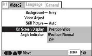 V1 Video2 Language General Background—Gray Video Adjust Still Picture — Auto On Screen Display Angle Indicator Position-Wide Position-Normal Off Move SETUP Exit