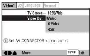 Video1 V2 Language General TV Screen — 16:9\Wide Video Out #Video S-Video RGB ①Set AV CONNECTOR video format Move SETUP Exit