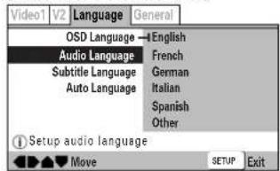 Video1 V2 Language General OSD Language — English Audio Language — French Subtitle Language — German Auto Language — Italian Spanish Other Setup audio language Move SETUP Exit