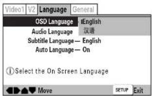 Video1 V2 Language General OSD Language • English Audio Language • 汉语 Subtitle Language — English Auto Language — On ① Select the On Screen Language Move SETUP Exit