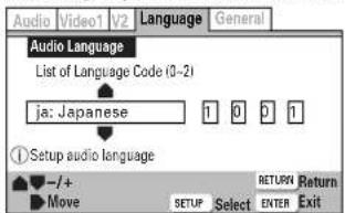 Audio Video1 V2 Language General Audio Language List of Language Code (3-2) ja: Japanese 1 0 1 1 Setup audio language -/+ Return Move SETUP Select ENTER Exit