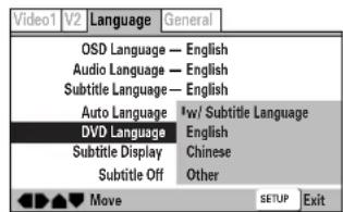 Video1 V2 Language General OSD Language — English Audio Language — English Subtitle Language — English Auto Language w/ Subtitle Language DVD Language English Subtitle Display Chinese Subtitle Off Other Move SETUP Exit