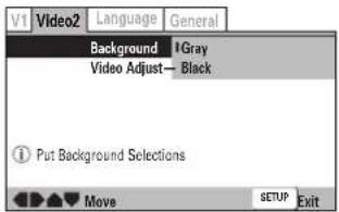 V1 Video2 Language General Background IGray Video Adjust— Black ① Put Background Selections Move SETUP Exit