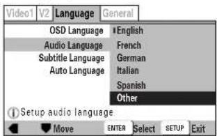 Video1 V2 Language General OSD Language • English Audio Language French Subtitle Language German Auto Language Italian Spanish Other Setup audio language Move ENTER Select SETUP Exit
