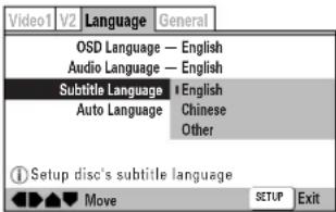 Video1 V2 Language General OSD Language — English Audio Language — English Subtitle Language | English Auto Language Chinese Other ① Setup disc's subtitle language Move SETUP Exit