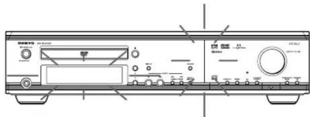 Technical line drawing of a device front panel with labeled ports and control buttons