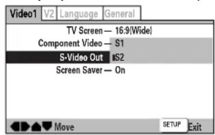 Video1 V2 Language General TV Screen — 16:9\Wide\ Component Video — S1 S-Video Out |S2 Screen Saver — On Move SETUP Exit