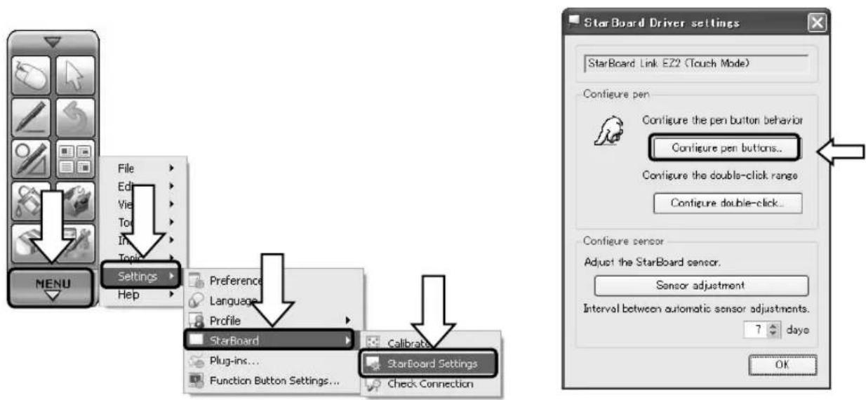 Menu File Edit View To In Topic Settings Help Preference Language Profile StarBoard Plug-ins... Function Button Settings... StarBoard Settings Check Connection Configure pen Configure the pen button behavior Configure pen buttons.. Configure the double-click range Configure double-click.. Configure sensor Adjust the StarBoard sensor. Sensor adjustment Interval between automatic sensor adjustments. 7 days OK