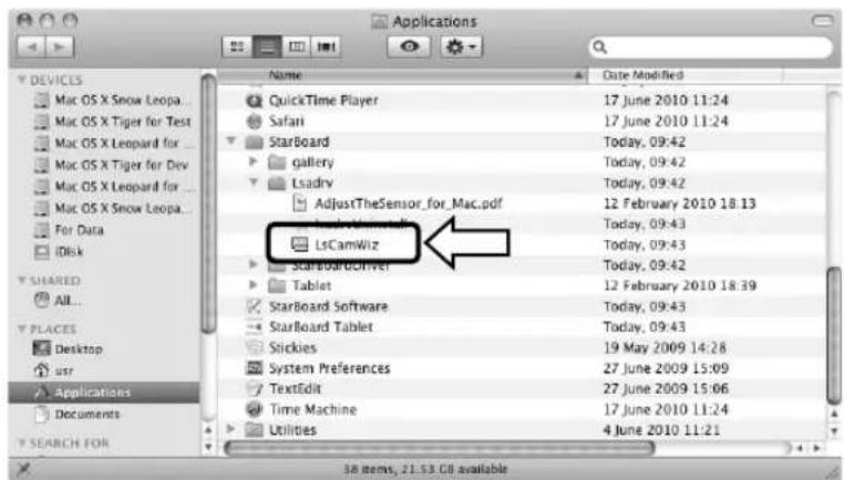Applications Name Date Modified QuickTime Player 17 June 2010 11:24 Safari 17 June 2010 11:24 StarBoard Today, 09:42 gallery Today, 09:42 Lsadrv Today, 09:42 AdjustTheSensor_for_Mac.pdf 12 February 2010 18:13 LsCamWiz Today, 09:43 Today, 09:43 StarBoardDriver Today, 09:42 Tablet 12 February 2010 18:39 StarBoard Software Today, 09:43 StarBoard Tablet Today, 09:43 Stickies 19 May 2009 14:28 System Preferences 27 June 2009 15:09 TextEdit 27 June 2009 15:06 Time Machine 17 June 2010 11:24 Utilities 4 June 2010 11:21 38 items, 21.53 GB available