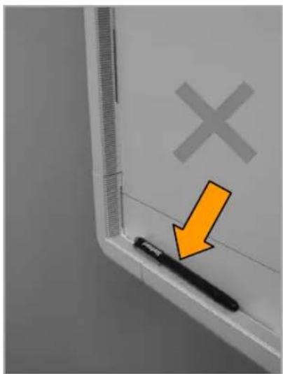 Diagram showing a door with a cross symbol and an orange arrow pointing to a pen, indicating a warning or instruction.