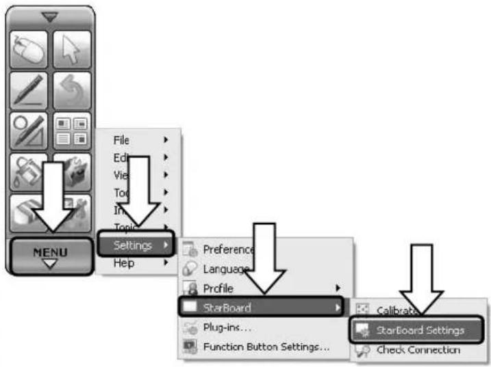 MENU File Ed Vie To In Topic Settings Help Preference Language Profile StarBoard Plug-ins... Function Button Settings... Calibrate StarBoard Settings Check Connection