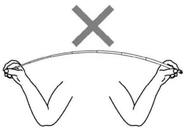 Diagram showing a person holding a curved line with a 'X' symbol above, indicating a measurement or alignment point.