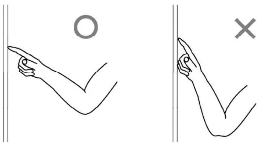 Diagram showing two hand positions with a circle and an X mark, likely illustrating correct and incorrect movement methods.